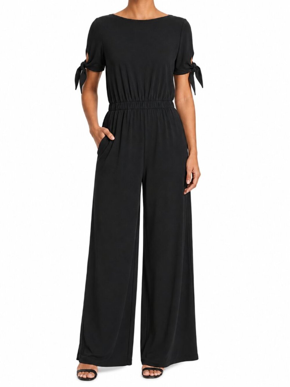 Vince Camuto Split Tie Sleeve Wide Leg Black Jumpsuit W/ Pockets | XS